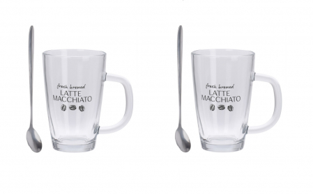 Cani - Set Latte Machiatto Excellent Houseware, sticla termorezistenta/otel inoxidabil, 7.8x12 cm, 300 ml, transparent/argintiu