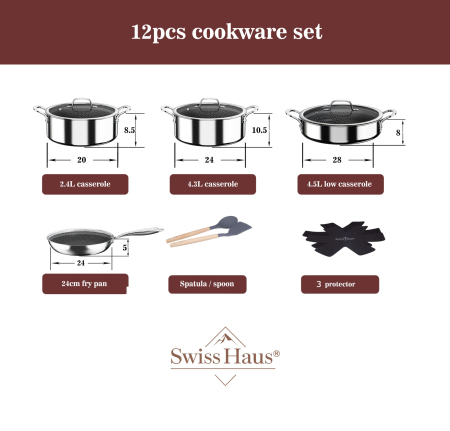 Set oale 12 piese Swiss Haus-Zermatt, otel inoxidabil cu 3 straturi, 20/24/28 cm, argintiu [4]