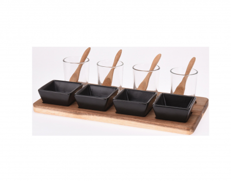 Set servire tapas Excellent Houseware, acacia/portelan, 30x15x1.5 cm, maro/negru [2]