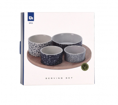 Set servire tapas Excellent Houseware, bambus/portelan, 22x1 cm, alb/albastru [3]