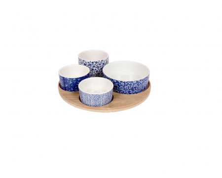 Set servire tapas Excellent Houseware, bambus/portelan, 22x1 cm, alb/albastru [0]