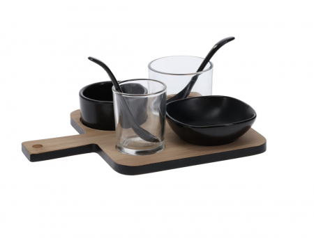 Seturi servire tapas - Set servire tapas Excellent Houseware, bambus/portelan, 22x17x6.6 cm, maro/negru