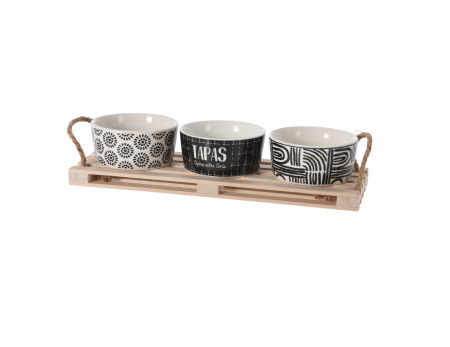 Seturi servire tapas - Set servire tapas Excellent Houseware, lemn/portelan, 28.5x10x1.5 cm, alb/negru
