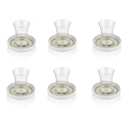 Pahare - Set servire ceai 12 piese OMS, sticla/portelan, 150 ml, transparent/alb
