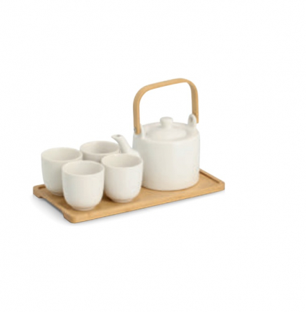 Cesti - Set servire ceai 6 piese Zeller, gresie/bambus, 150 ml, alb