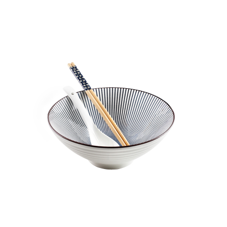 Boluri - Set servire Ramen Ibili, 3 piese, portelan/bambus, 21x8.5cm. 1.15 l,  alb/negru