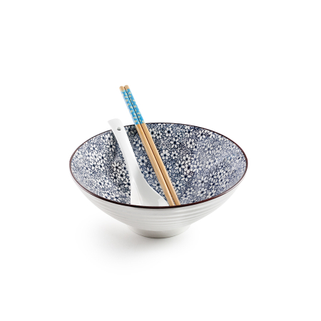 Bouls - Set servire ramen Ibili Sapporo, 3 piese, portelan/bambus, 21x7 cm. 1.15 l,  alb/albastru