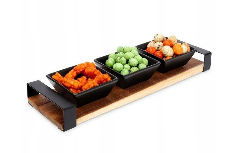 Set servire tapas Excellent Houseware, ceramica/bambus, 32x10x4 cm, negru/maro [2]