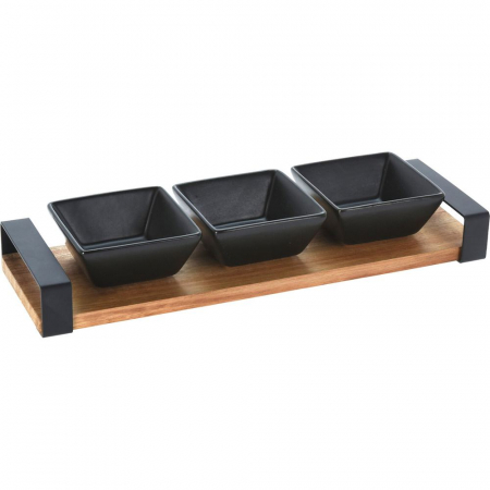 Set servire tapas Excellent Houseware, ceramica/bambus, 32x10x4 cm, negru/maro [0]