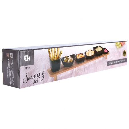 Set servire tapas Excellent Houseware, ceramica/bambus, 50x8.5x9 cm, negru/maro [0]