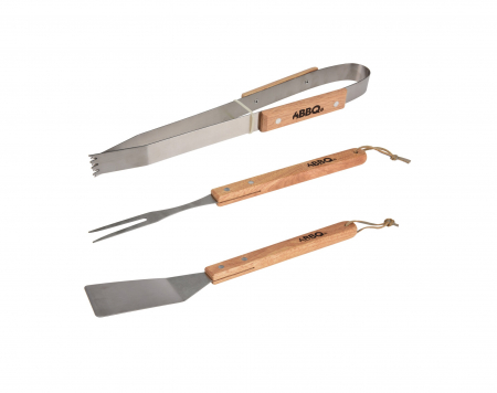 Set ustensile gratar BBQ, otel inoxidabil/lemn, 35 cm, argintiu/maro [0]