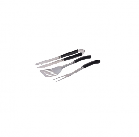 Ustensile gratar - Set ustensile gratar BBQ, otel inoxidabil/lemn, 42 cm, argintiu/negru