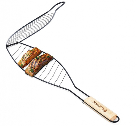 Vaggan fish grill stand, metal/wood, 35x14x58 cm, black/brown [1]