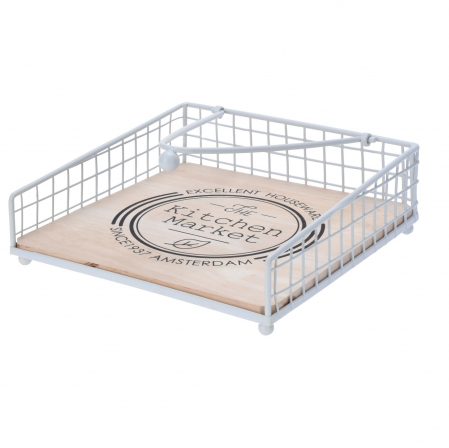 Suport servetele - Suport servetele Excellent Houseware, metal/lemn, 15x2.6x6 cm, alb/maro