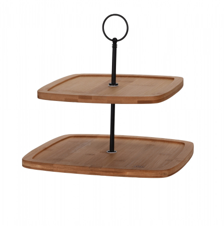 Platouri servire - Suport servire dreptunghiular cu 2 nivele Excellent Houseware, bambus/metal, 25x25x23.5 cm, maro