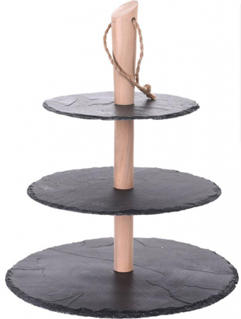 Platouri servire - Suport servire cu 3 nivele Excellent Houseware, ardezie, 30/25/20x36 cm, negru/maro