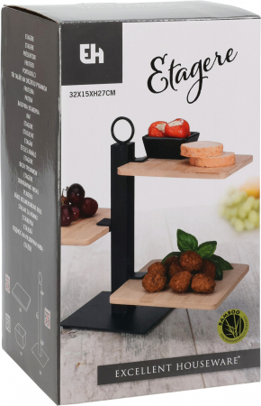Suport servire cu 3 nivele Excellent Houseware, bambus/metal, 32x15x27 cm, maro/negru [1]