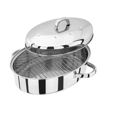 Vase pentru gatit - Tava cuptor cu suport si capac Judge Speciality, otel inoxidabil, 35x25x15 cm, argintiu