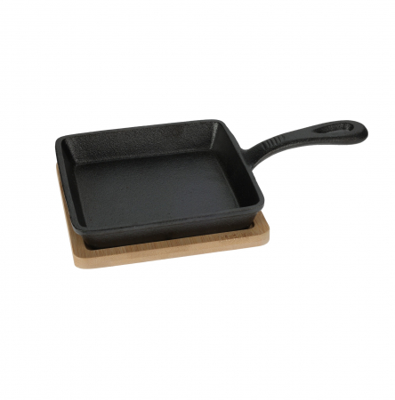 Seturi servire tapas - Tigaie servire tapas Excellent Houseware, fonta/bambus, 14x14x3.4 cm, negru/maro
