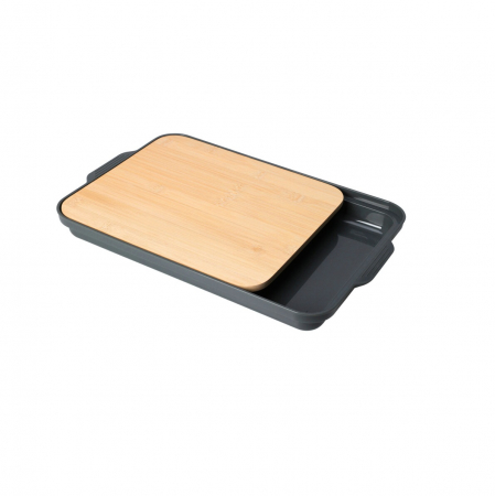 Tocatoare de bucatarie - Tocator cu tava Excellent Houseware, bambus/polipropilena, 37.5x24x3.5 cm, maro/antracit