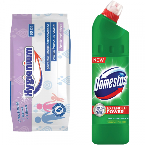 Pachet promo Hygienium Servetele umede antibacteriene, 50 buc + Domestos Dezinfectant WC, 750 ml, Pine Fresh [1]