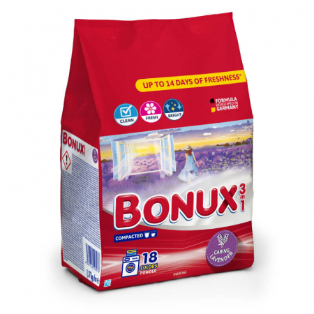 Detergent rufe pudră - Bonux Detergent automat, 1.17 kg, 18 spalari, 3in1 Color Caring Lavender