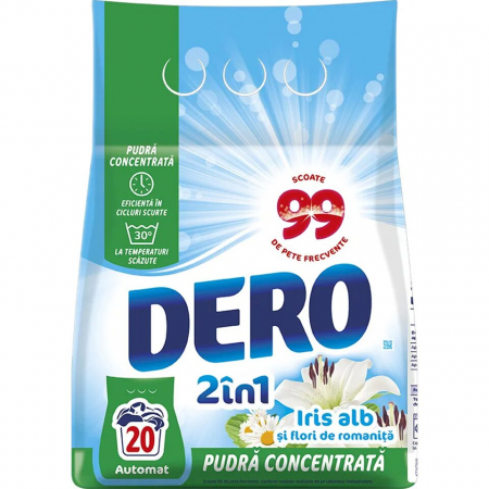 Detergent rufe pudră - Dero Detergent automat, 1.5 kg, 20 spalari, 2in1 Iris alb si flori de romanita