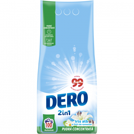 Detergent rufe pudră - Dero Detergent automat, 7.5 kg, 100 spalari, 2in1 Iris alb si flori de romanita