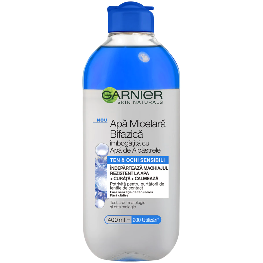 Apă micelară - Garnier Apa micelara bifazica, 400 ml, Skin Naturals, imbogatita cu apa de albastrele