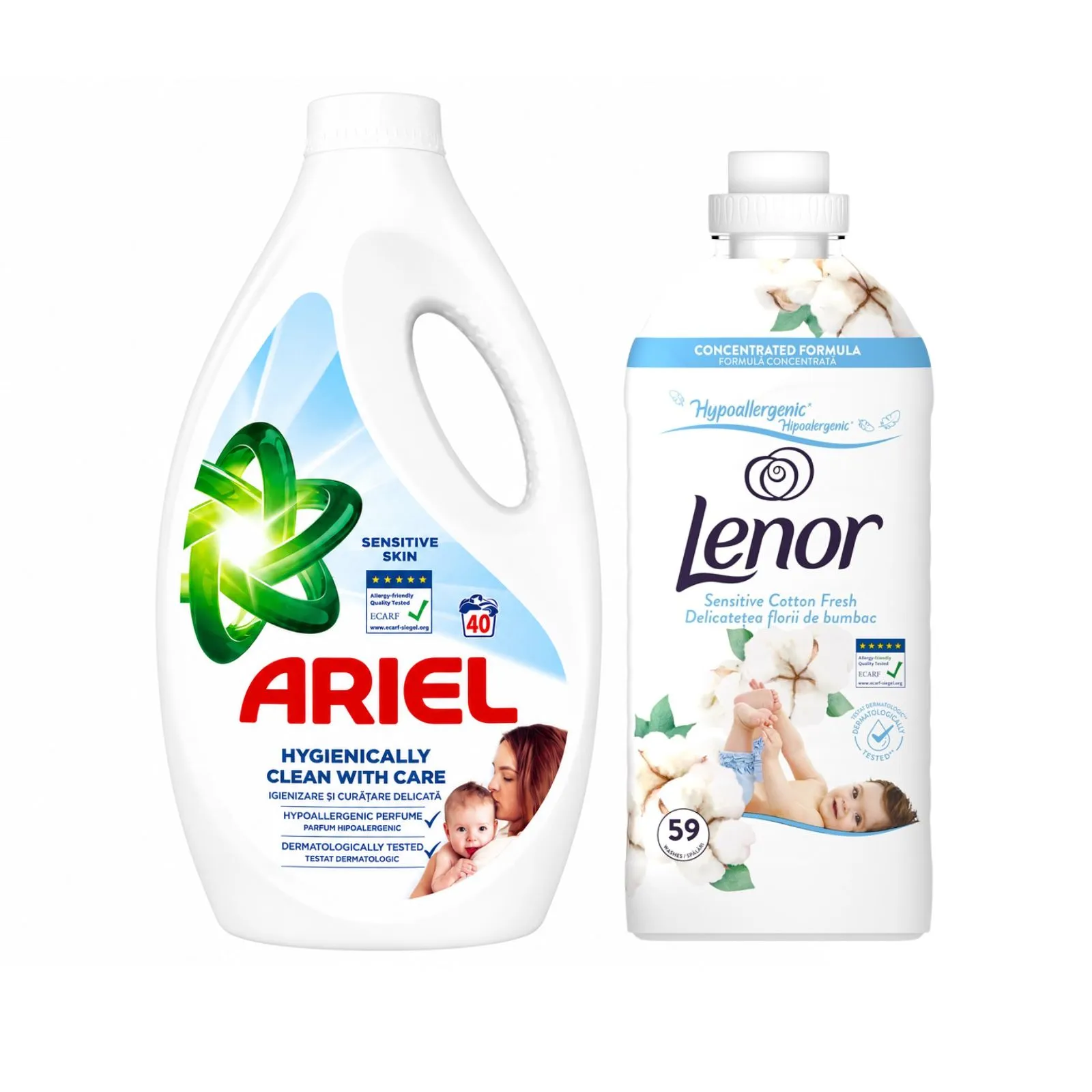 Detergent rufe lichid - Pachet promo Ariel Detergent lichid, 1.8 L, 40 spalari, Sensitive Skin + Lenor Balsam de rufe 1.239 L, 59 spalari, Sensitive Cotton Fresh