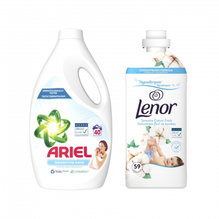 Detergent rufe lichid - Pachet promo Ariel Detergent lichid, 1.8 L, 40 spalari, Sensitive Skin + Lenor Balsam de rufe 1.239 L, 59 spalari, Sensitive Cotton Fresh