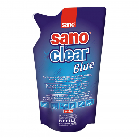 Sticlă și ferestre - Sano Solutie curatat geamuri, Rezerva, 750 ml, Clear Blue