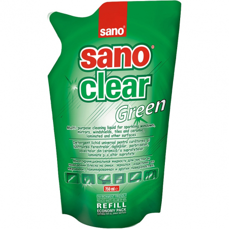 Sticlă și ferestre - Sano Solutie curatat geamuri, Rezerva, 750 ml, Clear Green