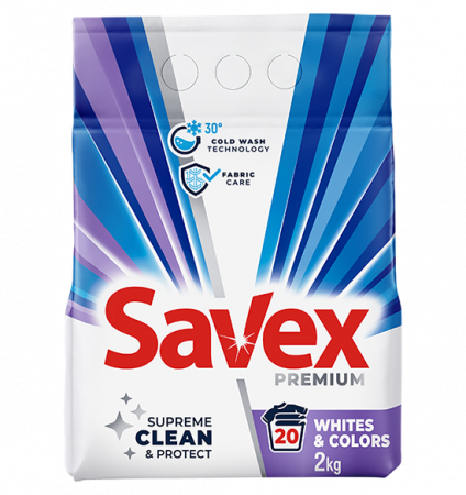 Detergent rufe pudră - Savex Detergent automat, 2 kg, 20 spalari, Premium Whites & Colors