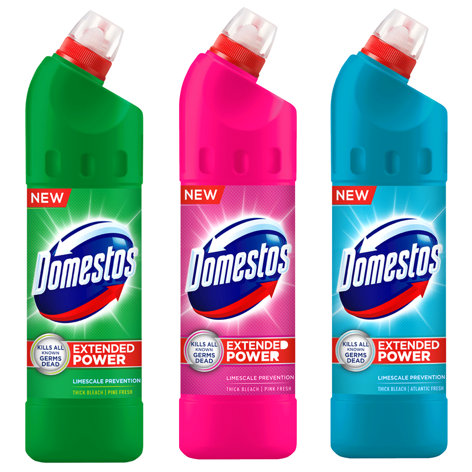 Pachet promo 3 x Domestos Trio Mix Extended Power, 750 ml, Pine Pink Atlantic Fresh