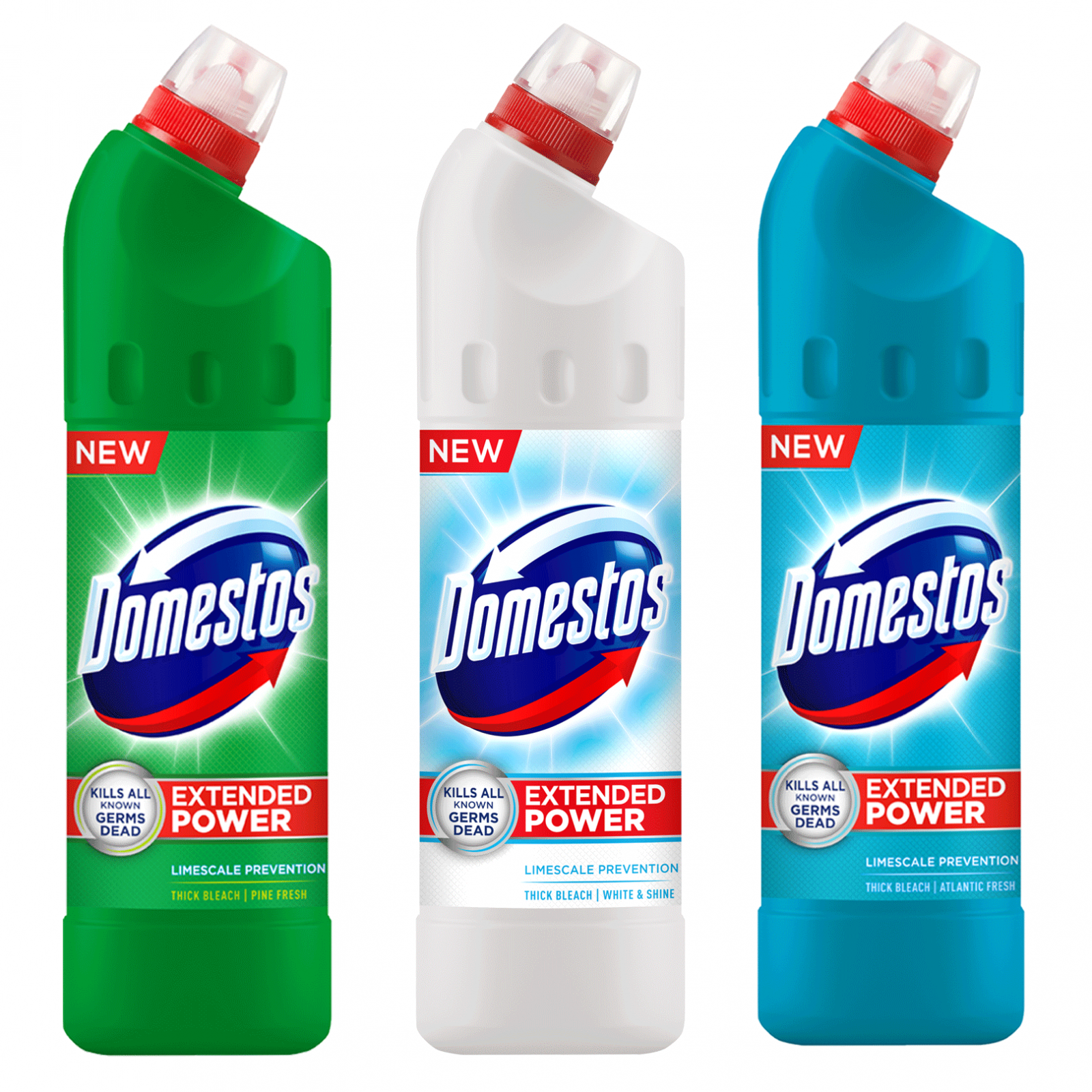 Pachet promo 3 x Domestos Trio Mix Extended Power, 750 ml, Pine White Atlantic Fresh