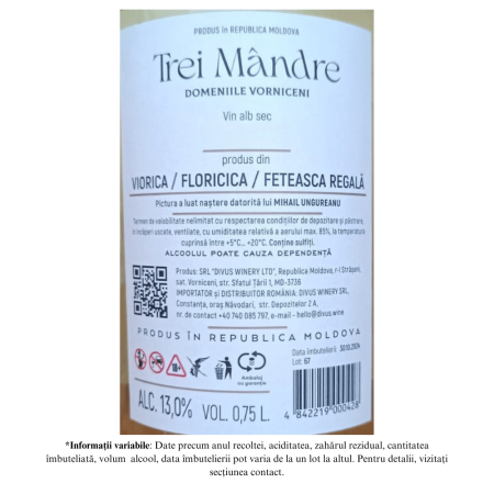 Sticlă de vin alb sec Trei Mândre, Domeniile Vorniceni, Republica Moldova [1]