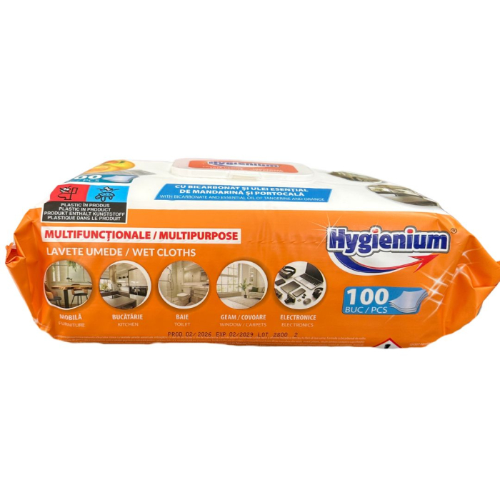 Servetele umede cu otet si bicarbonat Hygienium, parfum mandarine (ulei esential), pachet XXL 100 buc [2]