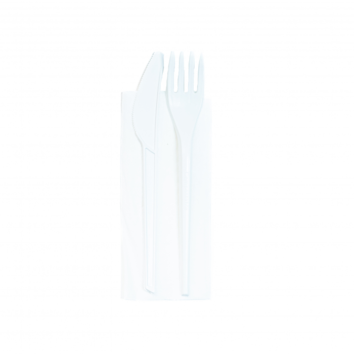 Set 100 Tacamuri Plastic Albe - Furculita, Cutit + Servetel, ambalate individual [2]