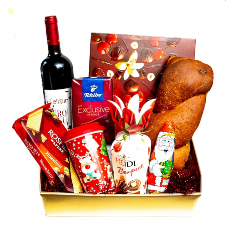 Protocol - Cos Cadou de Craciun, deluxe, cu Cozonac, Vin, Cafea si Dulciuri + Cana Cadou