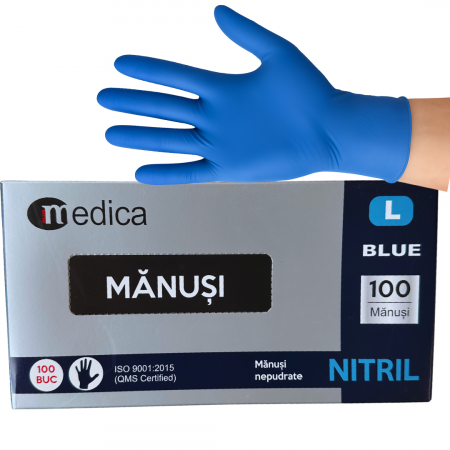 Consumabile Medicale - Cutie 100 buc Manusi Unica Folosinta din Nitril - Albastre, Marimea L