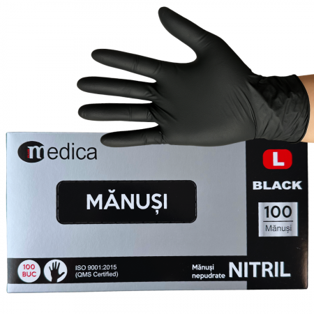 Accesorii curatenie - Cutie 100 buc Manusi Unica Folosinta din Nitril - Negre, Marimea L