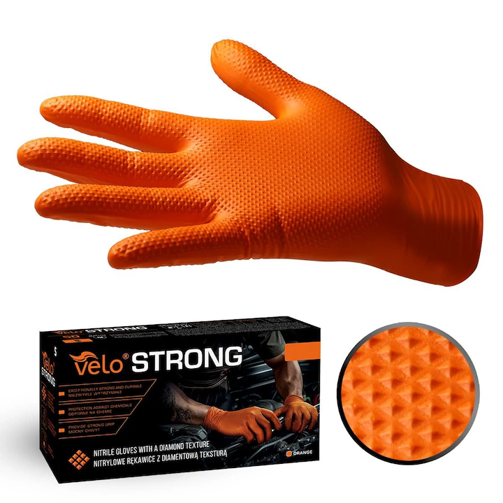 Accesorii curatenie - Manusi portocalii din nitril, cu grip pe palme