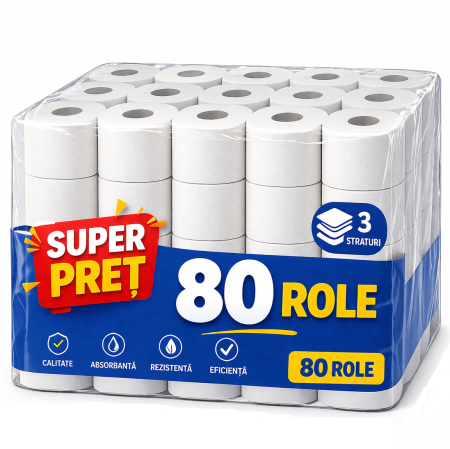 Hartie Igienica si Prosoape - Hartie igienică 3 straturi, bax 80 role, 120 foi/rola, pachet economic