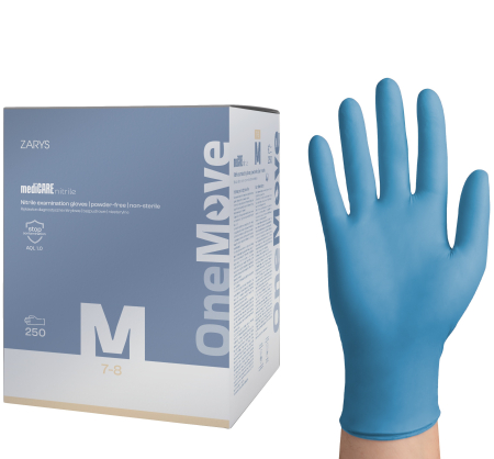Manusi unica folosinta - Manusi nitril ONE MOVE M (7-8), albastre, nepudrate, 250 buc/set – extracție igienică prin manșetă
