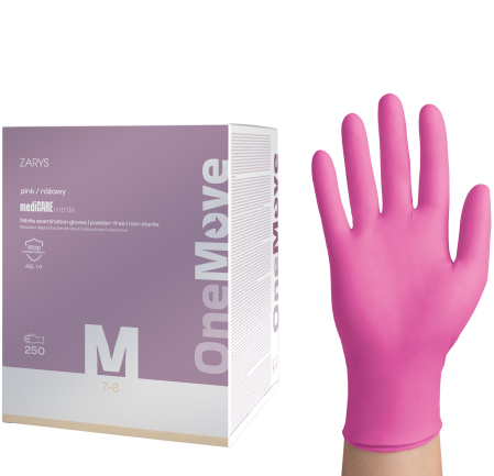Accesorii curatenie - Manusi nitril ONE MOVE M (7-8), roz, nepudrate, 250 buc/set – extracție igienică prin manșetă