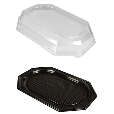 Ambalaje plastic - Set 10 platouri negre 45cm, cu capac transparent