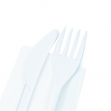 Set 100 Tacamuri Plastic Albe - Furculita, Cutit + Servetel, ambalate individual [2]