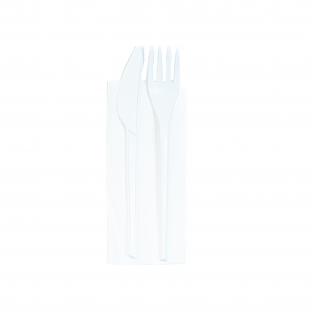Set 100 Tacamuri Plastic Albe - Furculita, Cutit + Servetel, ambalate individual [1]