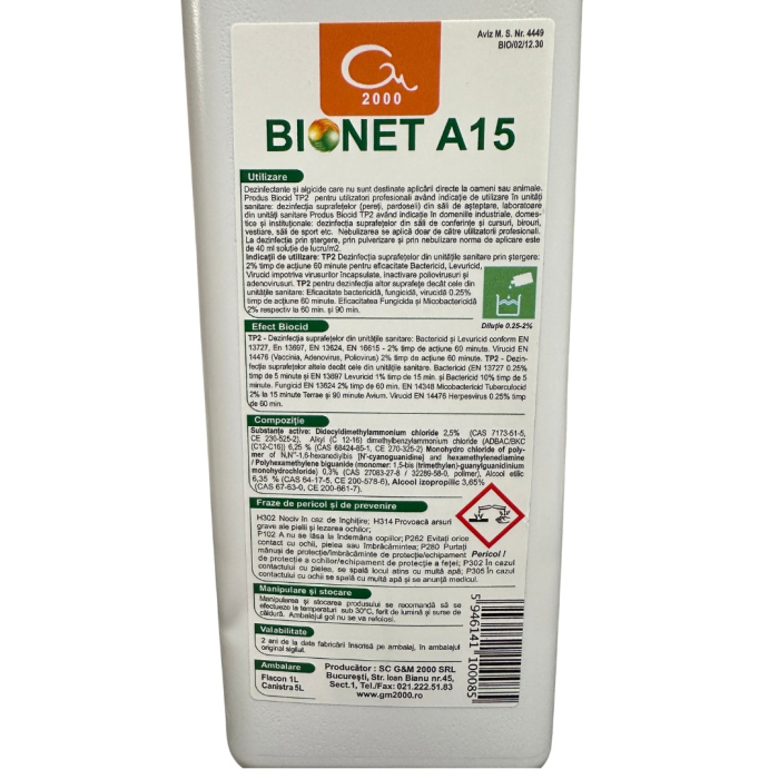 Bionet A15 Dezinfectant Concentrat Suprafete TP2, 1L | Bactericid Virucid Profesional [2]